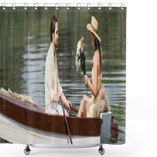 Personality  Side View Of Young Woman In Straw Hat Holding Flowers And Having Romantic Boat Ride With Man, Banner Shower Curtains