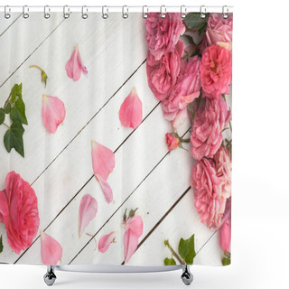 Personality  Romantic Pink Roses On White Wooden Background Shower Curtains