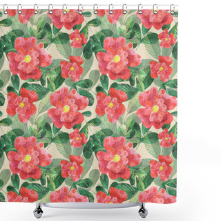 Personality  Watercolor Stylized Red Dog Roses Seamless Pattern On Beige Background Shower Curtains