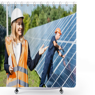 Personality  Attractive Businesswoman In Hardhat Smiling And Holding Digital Tablet  Shower Curtains