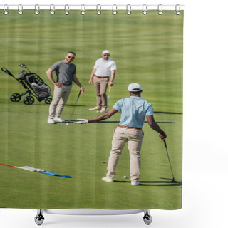 Personality  Multiethnic Golfers Talking During Game Shower Curtains