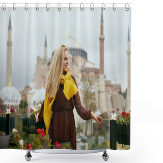 Personality  Travel. Beautiful Woman With Mosque On Background Shower Curtains