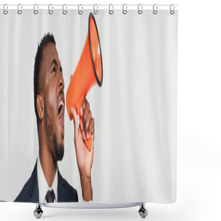 Personality  African American Businessman In Suit Screaming In Megaphone Isolated On Grey, Banner Shower Curtains
