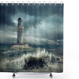 Personality  Lighthouse On The Sea Under Sky Shower Curtains