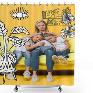 Personality  Smiling Pregnant Mother Hugging With Happy Daughter And Son On Sofa On Yellow, Houseplants Illustration Shower Curtains