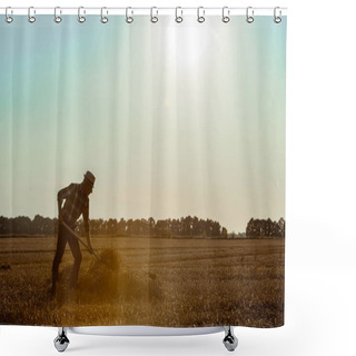 Personality  Profile Of Self-employed  Man In Straw Hat Holding Rake With Hay In Wheat Field  Shower Curtains