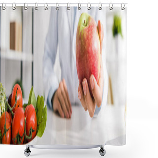 Personality  Panoramic Shot Of Nutritionist Holding Tasty Apple Near Vegetables  Shower Curtains