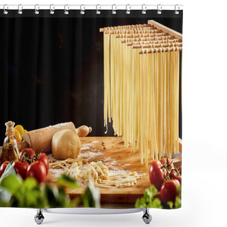 Personality  Cooked Noodles Hanging On Wooden Rack Over Cutting Board With Rolling Pin Behind Foreground Vegetables Shower Curtains