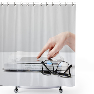 Personality  Cropped View Of Woman Using Digital Tablet Near Newspaper And Glasses On White  Shower Curtains