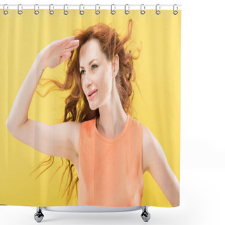 Personality  Smiling Curly Redhead Woman Looking In Distance Isolated On Yellow Shower Curtains