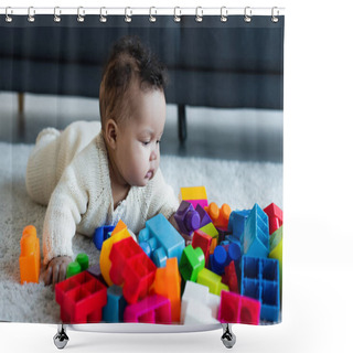 Personality  African American Child In Knitted Romper On Floor Near Multicolored Building Blocks Shower Curtains