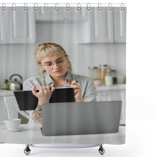 Personality  Young Woman In Eyeglasses With Tattoo On Hand And Bangs Holding Notebook, Taking Notes, Sitting Near Laptop And Cup Of Coffee On White Table, Blurred Background, Work From Home  Shower Curtains