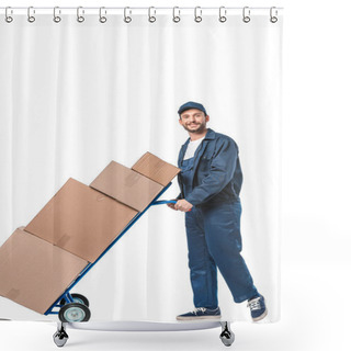 Personality  Smiling Handsome Mover In Uniform Transporting Cardboard Boxes On Hand Truck Isolated On White Shower Curtains