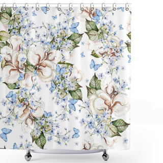 Personality  Beautiful  Watercolor Seamless Pattern With Cotton And Forgot Me Not Flowers, Butterfly And Leaves. Shower Curtains