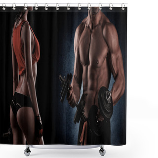 Personality  Bodybuilding. Strong Man And A Woman Posing On A Black Backgroun Shower Curtains