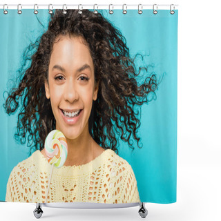 Personality  Cheerful Curly African American Girl Smiling While Holding Lollipop Isolated On Blue Shower Curtains