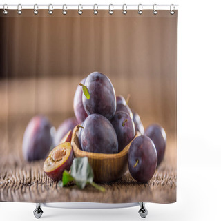 Personality  Plums. Fresh Juicy Plums In A Bowl On A Wooden Or Concrete Board Shower Curtains