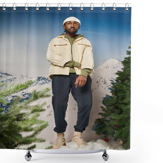 Personality  Stylish Young African American In White Jacket And Beanie Hat Looking Away, Winter Concept Shower Curtains