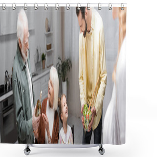 Personality  Senior Woman Pointing With Hand Near Husband Holding Bottle Of Wine During Easter Dinner, Banner Shower Curtains