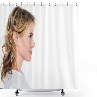 Personality  Side View Of Smiling Attractive Woman Isolated On White Shower Curtains