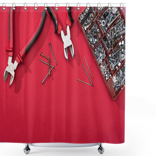 Personality  Top View Of Tool Box With Pliers And Nails On Red Surface Shower Curtains
