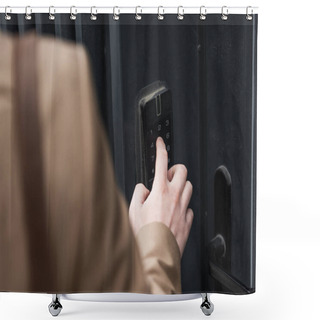 Personality  Cropped View Of Man Pressing Button On Intercom Keypad  Shower Curtains