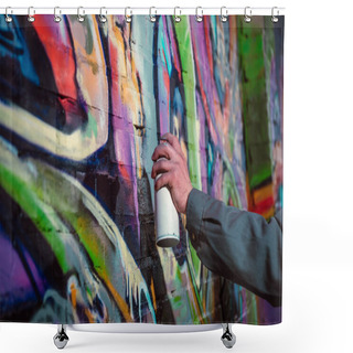 Personality  Cropped View Of Street Artist Painting Graffiti With Aerosol Paint On Wall At Night Shower Curtains