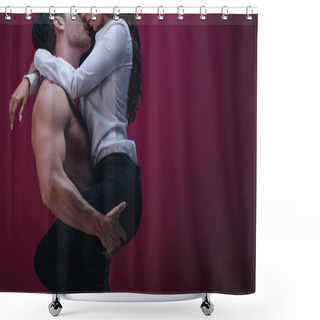 Personality  Cropped View Of Shirtless Man Holding On Hands And Kissing Girl In White Shirt On Dark Background Shower Curtains