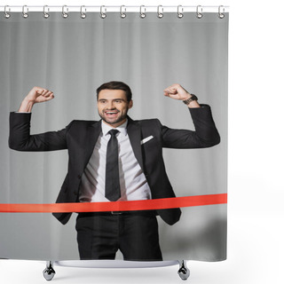 Personality  Overjoyed Businessman In Black Blazer Showing Win Gesture Near Finish Ribbon On Grey Background Shower Curtains
