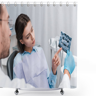 Personality  Selective Focus Of Woman Pointing With Finger At X-ray Near Dentist  Shower Curtains