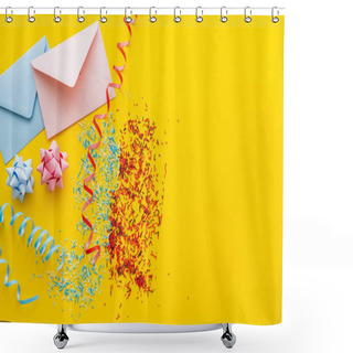 Personality  Top View Of Blue And Pink Envelopes Near Serpentine And Sprinkles On Yellow Background  Shower Curtains