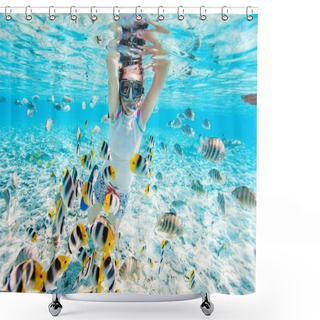 Personality  Woman Snorkeling With Tropical Fish Shower Curtains