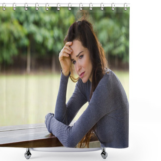 Personality  Sad And Worried Woman Sitting Outdoors Shower Curtains