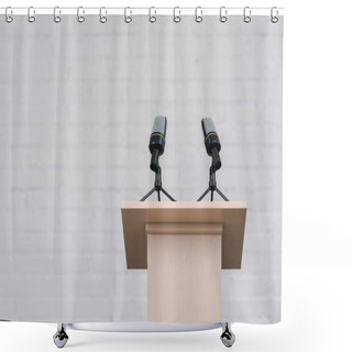Personality  Wooden Stand With Microphones Near White Brick Wall  Shower Curtains