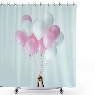 Personality  Cropped Shot Of Hands Holding Bunch Of Pink And White Balloons Isolated On Grey Shower Curtains