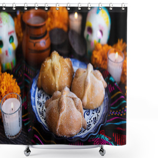 Personality  Mexican Bread On Altar With Sugar Skull And Hot Chocolate Traditional Food For Celebration Of Mexico's Day Of The Dead Shower Curtains