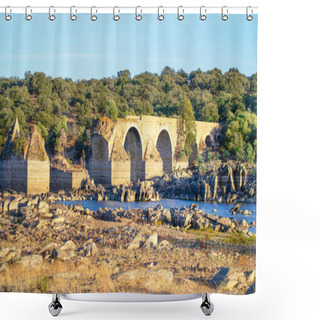 Personality  Stone River Bank With A Collapsed Old Bridge Shower Curtains
