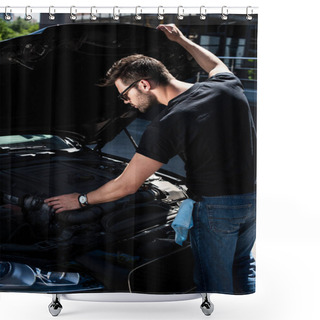 Personality  Focused Young Man Looking Under Car Hood Of Breakdown Car At Street Shower Curtains