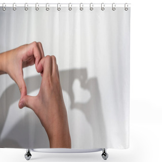 Personality  Kid Hands Creating Silhouette Shadow Of Heart On White Wall Background. Hand Shadow Of Heart. Love Or Valentine Concept. Shower Curtains