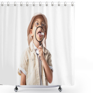 Personality  Explorer Child In Hat And Glasses Holding Magnifying Glass And Sticking Out Tongue Isolated On White Shower Curtains