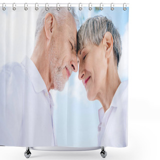 Personality  Smiling Senior Couple Touching Foreheads With Closed Eyes Under Blue Sky Shower Curtains