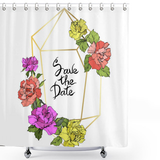Personality  Vector Rose Flowers And Golden Crystal Frame. Coral, Yellow And Purple Engraved Ink Art. Geometric Crystal Polyhedron Shape On White Background. Save The Date Handwriting Monogram Calligraphy. Shower Curtains