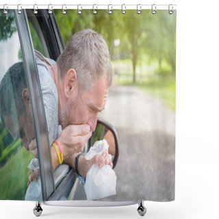 Personality  Man Suffering From Motion Sickness In A Car And Holding Sick Bag Shower Curtains