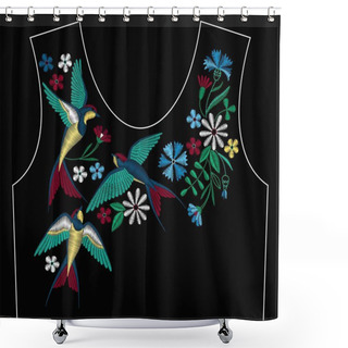 Personality  Embroidery Stitches With Swallow Birds, Wild Flowers For Neckline. Fashion Embroidered Ornament For Textile, Fabric Traditional Folk Decoration. Vector Illustration. Shower Curtains
