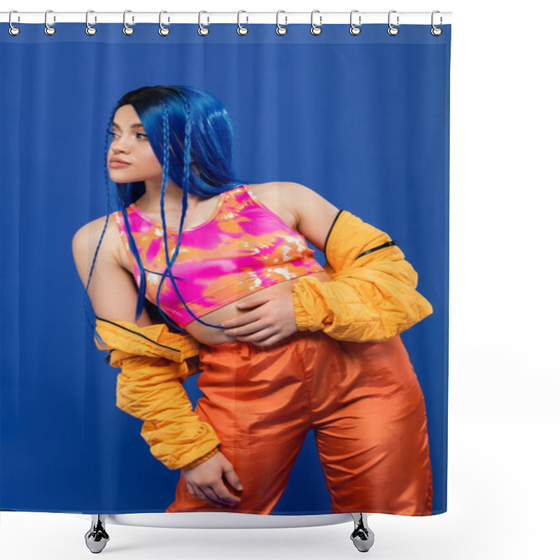 Personality  fashion statement,, young woman with dyed hair posing in puffer jacket on blue background, vibrant color, urban fashion, individualism, young woman with rebel style, female model with blue hair  shower curtains