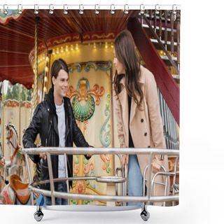 Personality  Happy Couple In Autumnal Outfits Looking At Other On Carousel In Amusement Park Shower Curtains