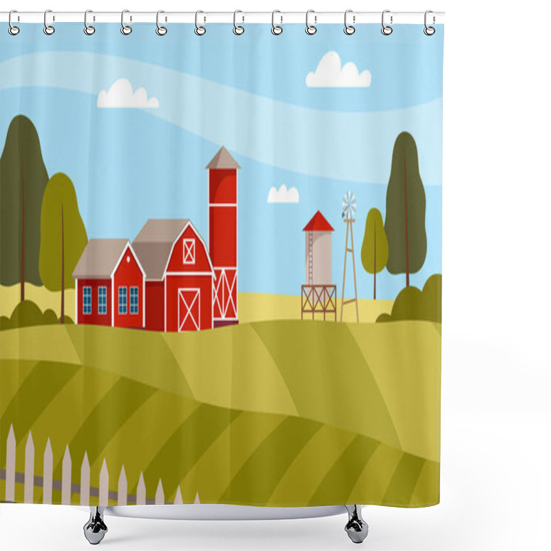 Personality  Country View With Sown Field, Barn House And Pasture Land As Green Landscape Vector Illustration Shower Curtains
