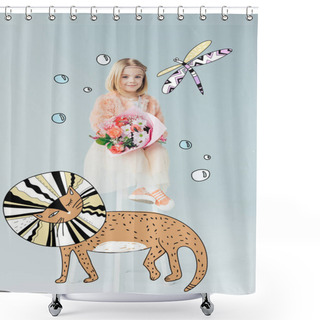 Personality  Kid In Faux Fur Coat And Skirt Sitting On Highchair And Holding Bouquet On Grey Background With Fairy Bubbles, Cat And Dragonfly Illustration Shower Curtains