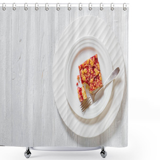 Personality  Raspberry Crumble Bars On White Plate With Dessert Fork On White Wood Table, Horizontal View From Above, Flat Lay, Free Space Shower Curtains
