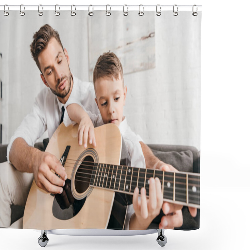 Personality  Dad Teaching Son To Play Acoustic Guitar At Home Shower Curtains